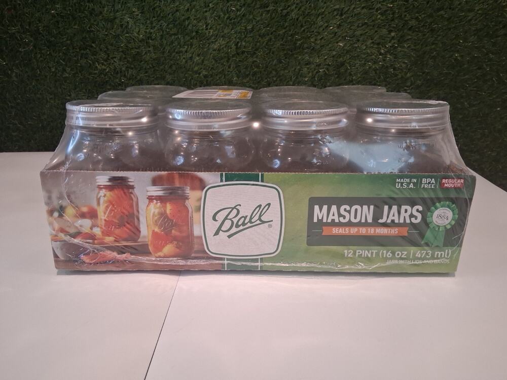 Ball Regular Mouth Mason Jars 16 oz Pint Glass Jars with Lids & Bands 12 Pack...